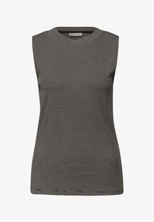 Hihaton paita mustavalkoisilla vaakaraitoja, pyöreällä pääntiellä ja pehmeällä, teksturoidulla kankaalla. Yksinkertainen ja istuva malli.