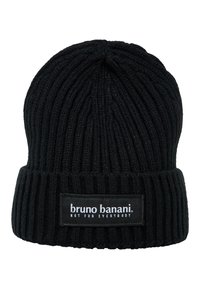 Zwarte gebreide beanie met verticale ribbelstructuur en een opgevouwen rand. Bevat een wit logo-label met de tekst "bruno banani" en "NIET VOOR IEDEREEN."