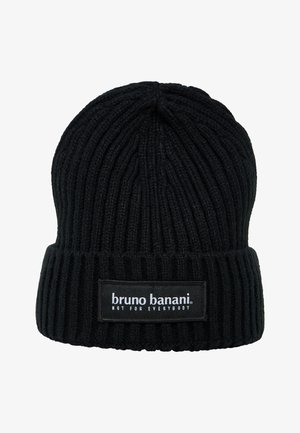 Sort strikket hue med lodret ribbet tekstur og en foldet skygge. Har et hvidt logo mærke med teksten "bruno banani" og "IKKE TIL ALLE."