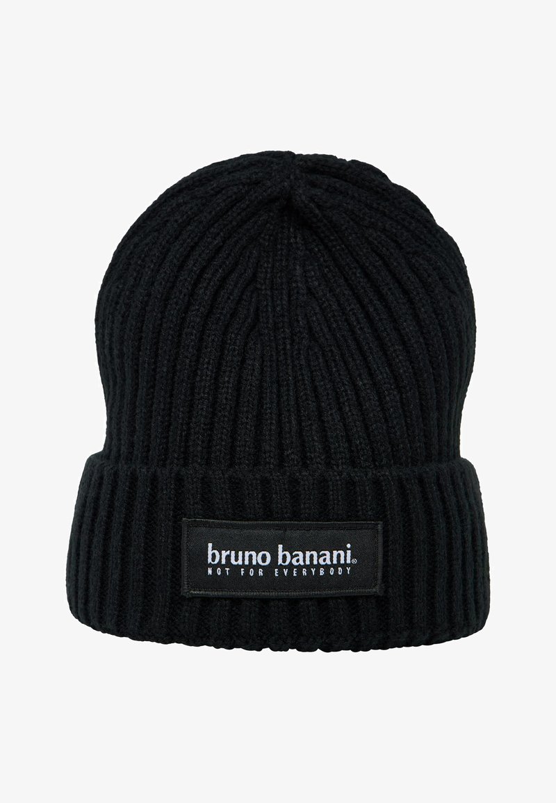 Zwarte gebreide beanie met verticale ribbelstructuur en een opgevouwen rand. Bevat een wit logo-label met de tekst "bruno banani" en "NIET VOOR IEDEREEN."