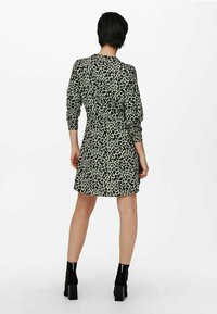 Grön klänning med svart leopardmönster, långa ärmar, bälte vid midjan, utsvängd kjol och slitsar på sidorna, kombinerad med svarta blockklackade ankelskor.