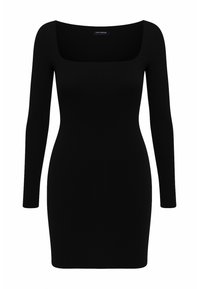Czarna sukienka z prążkowanej tkaniny, kwadratowym dekoltem i długimi rękawami. Dopasowany krój podkreśla kształt ciała, wykonana z gładkiego materiału.