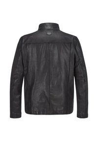 Schwarze Lederjacke mit hohem Kragen, sichtbaren Nähten und einer glatten, strukturierten Oberfläche. Verfügt über eine Rückennaht und keine sichtbaren Beschläge.