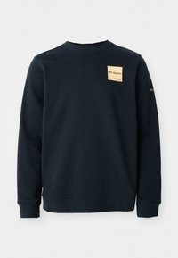Sudadera azul marino de mezcla de algodón, con cuello redondo, mangas largas y una etiqueta de marca en el pecho. Textura suave.