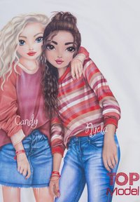 Illustrazione di due ragazze, una con un top marrone scuro e l'altra con una maglietta a righe rosse; entrambe indossano gonne di jeans e braccialetti, con il logo "TOP Model".