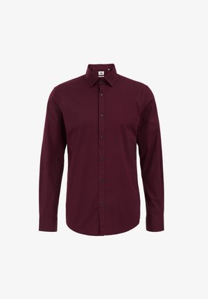 Långärmad skjorta i vinröd, med button-down krage, svarta knappar och en mjuk bomullstextur. Klassisk passform och enfärgad design.