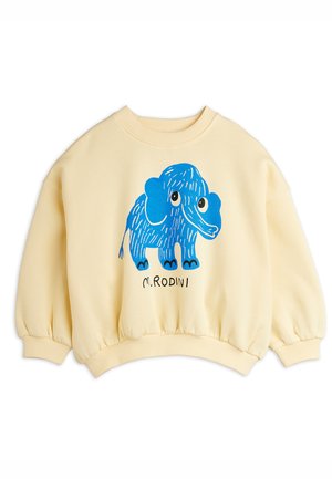 Cream-colored children's sweatshirt with blue cartoon elephant and "M. Rodini" text on front, ribbed collar, cuffs, and hem.
