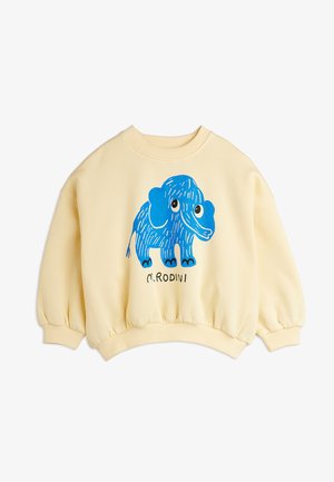 Kremfarget barnegenser med blå tegneserieelefant og "M. Rodini"-tekst foran, ribbet krage, mansjetter og hem.