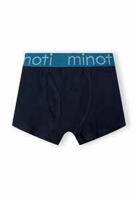 Tamno plavi pamučni bokserice s tirkiznim elastičnim pojasom na kojem je u svijetloplavoj boji ispisano ime branda "minoti". Klasičan kroj.