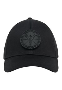 Black baseball cap made from woven fabric. Features a textured black logo patch with an intricate design on the front. Curved visor.