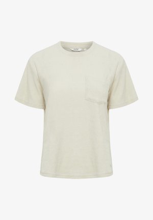 Crème kortekalfs T-shirt met een ronde halslijn, zachte textuur en een enkele borstzak. Heeft een rechte zoom en een relaxte pasvorm.