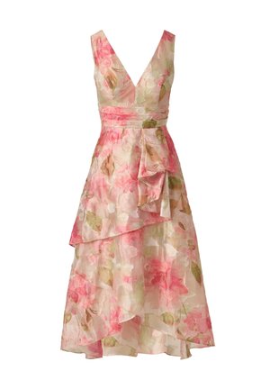 Ärmelloses, pinkes Midikleid mit V-Ausschnitt, floralem Muster, mehrlagigen Rüschen und tailliertem Bund.