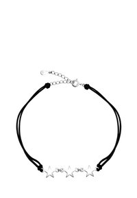 Braccialetto in corda nera regolabile con tre ciondoli a forma di stella in argento. Le stelle sono lucide, con superfici lisce e un design semplice.