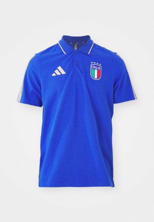 Polo bleu en coton avec un col, présentant trois rayures blanches sur les manches et l'emblème du drapeau italien sur la poitrine.