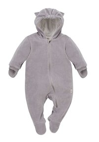 Grå fleece heldragt med hætte, der har små ører, fuld frontlynlås samt manchetter ved ærmer og fødder. Blød tekstur og enkelt design.