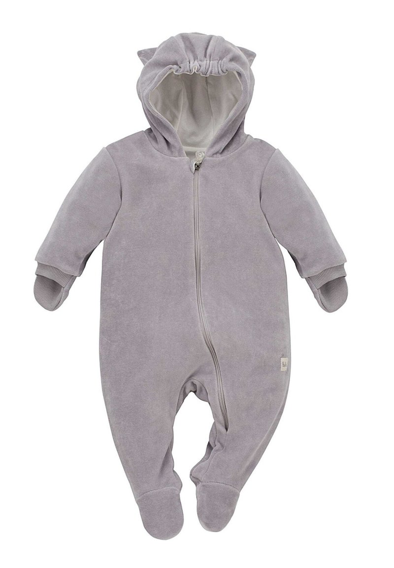Grå fleece heldragt med hætte, der har små ører, fuld frontlynlås samt manchetter ved ærmer og fødder. Blød tekstur og enkelt design.