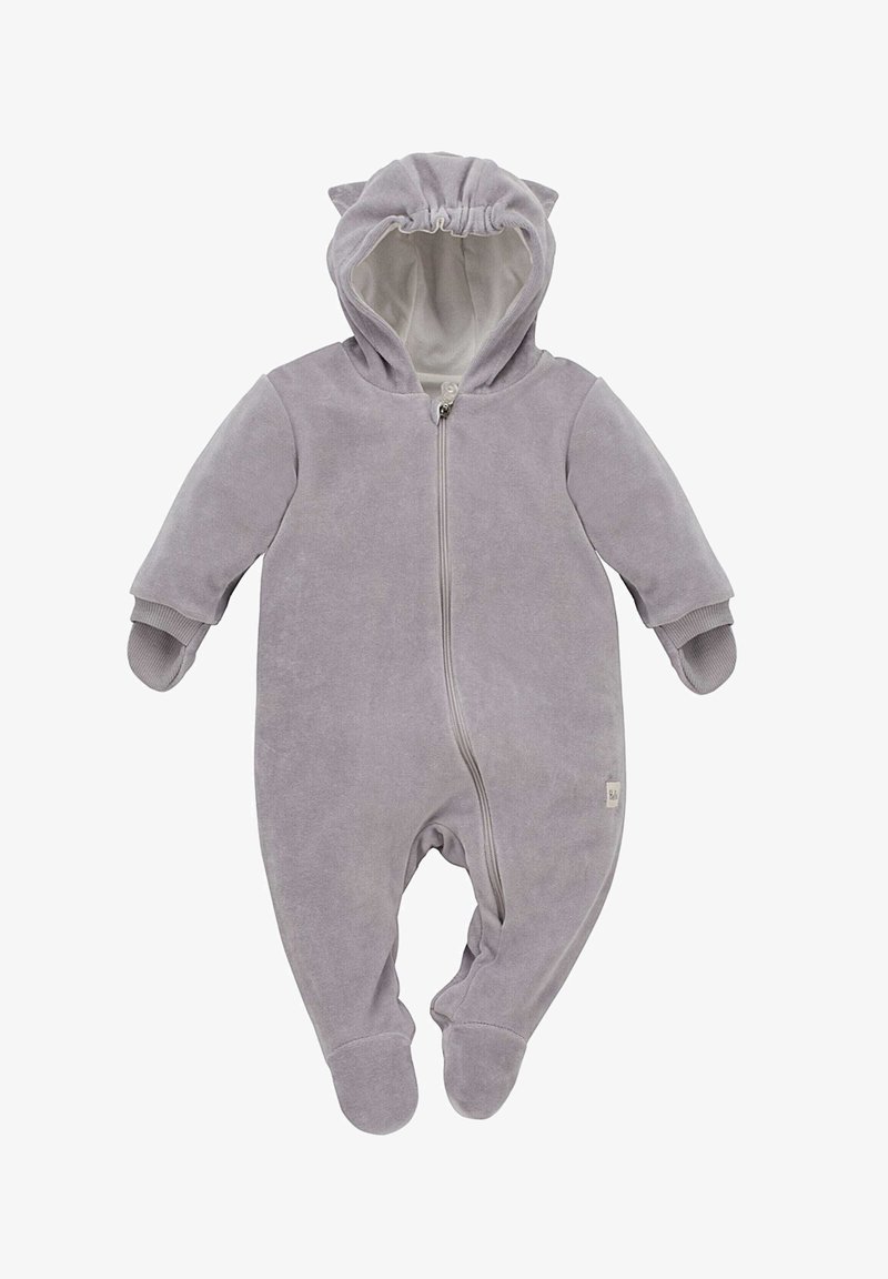 Grå fleece heldragt med hætte, der har små ører, fuld frontlynlås samt manchetter ved ærmer og fødder. Blød tekstur og enkelt design.