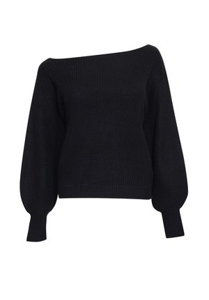 Schwarzer Strickpullover mit schulterfreier Ausschnittform, langen Ballonärmeln, gerippter Textur und enganliegenden Bündchen, der eine entspannte, aber strukturierte Silhouette bietet.