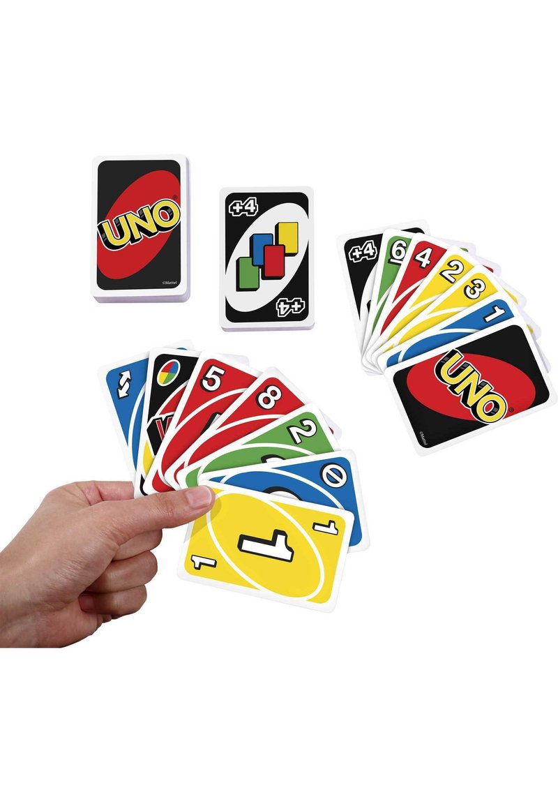 UNO card game featuring a deck with black and red cards. Colors include yellow, blue, green, and red, with numbers and symbols.