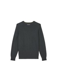Dark gray knit sweater with a round neckline and long sleeves. Textured pattern with ribbed cuffs and hem. Subtle green accent at the collar.