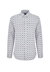 Biała koszula z długim rękawem w geometryczny niebiesko-zielony wzór, z kołnierzykiem zapinanym na guziki i prostym krojem. Tekstura materiału wydaje się gładka.