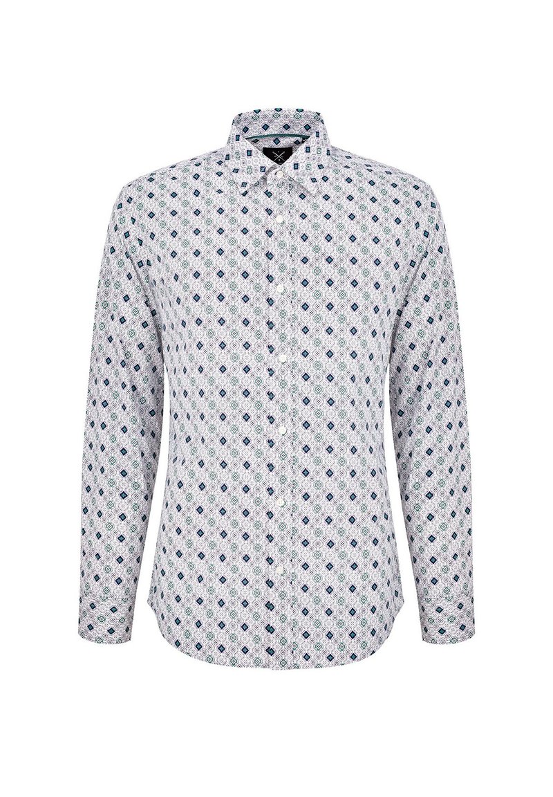 Biała koszula z długim rękawem w geometryczny niebiesko-zielony wzór, z kołnierzykiem zapinanym na guziki i prostym krojem. Tekstura materiału wydaje się gładka.