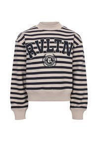 Gestreepte pullover sweatshirt met een ronde hals, met marineblauwe strepen op een beige achtergrond, "RVLTN" logo, en ribgebreide manchetten en zoom.