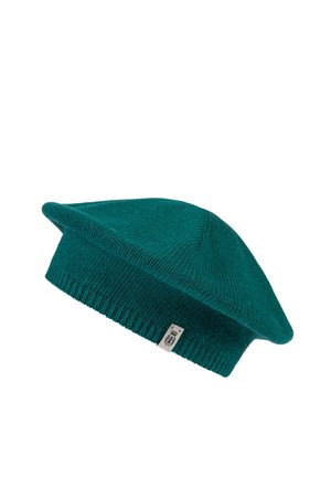 Teal knitted wool beret with a small white label on the ribbed edge, shown against a white background.