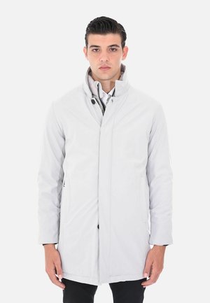 Cappotto grigio chiaro di lunghezza media con colletto alto, tasche laterali e una texture liscia. Presenta una chiusura frontale con zip nascosta e bottoni.