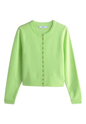 Cardigan vert clair à manches longues, col rond et boutons dorés en forme de cœur sur le devant.