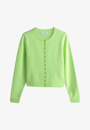 Cardigan vert clair à manches longues, col rond et boutons dorés en forme de cœur sur le devant.