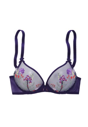 Bra with purple satin straps, sheer mesh cups featuring floral embroidery in purple, red, and white, underwired for support.