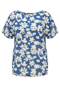Blusa floral azul de manga corta, con un patrón floral blanco, corte relajado, escote redondo y fabricada en tejido ligero.