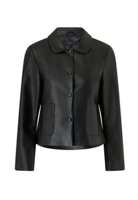 Zwarte jas van imitatieleer met lange mouwen, klassieke kraag, knopen aan de voorkant en twee zakken aan de voorkant.