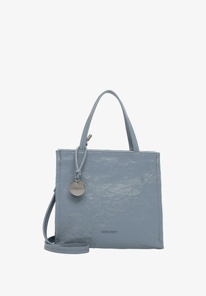 Light blue leather handbag with a textured finish, double handles, and an adjustable shoulder strap. Features a metal charm on the side.
