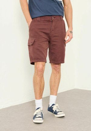 Man wearing maroon cargo shorts, blue sneakers with white laces, white socks, and a blue shirt, standing against a plain background.