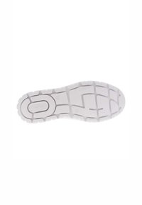 Semelle de sneaker blanche avec des motifs profonds, une forme de bout arrondi et un logo ovale au niveau de la semelle intermédiaire. Caoutchouc texturé pour une traction et une durabilité accrues.