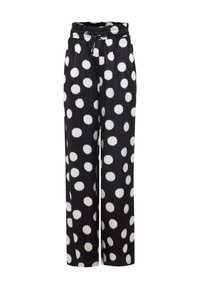 Zwarte wijde broek met grote witte stippen, voorzien van een elastische tailleband en trekkoord voor een verstelbare pasvorm.