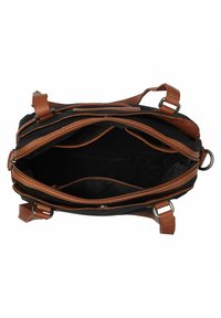 Borsa in tela con manici e dettagli in pelle marrone, caratterizzata da un ampio interno con fodera nera e numerosi scomparti. Chiusura con zip.