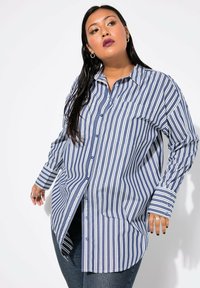 Camicia a righe blu e bianche con colletto, taschino frontale e maniche lunghe, realizzata in un tessuto leggero.