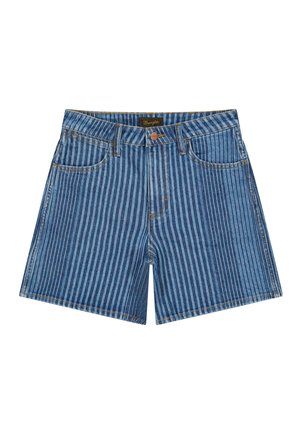 Denimist lühikesed püksid, millel on vertikaalsed sinised triibud, ees taskud, vööaasad ja vasknupu lukustus.