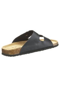 Svart lädersandaler med öppen design, rund tå och en formad korkfotbädd, samt gummisula för bra grepp.