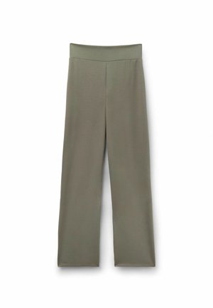 Olivegrüne Hosen mit weitem Bein und hohem Bund aus glattem Stoff, flach auf einem weißen Hintergrund ausgelegt.