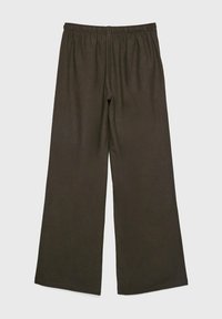 Pantalon marron foncé à jambes larges avec taille élastique, tissu lisse, sans poches visibles ni ornements.