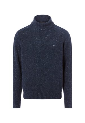 Navyblauer Rollkragenpullover aus strukturiertem Strickstoff mit einem dezenten gesprenkelten Muster sowie geripptem Kragen, Bündchen und Saum.