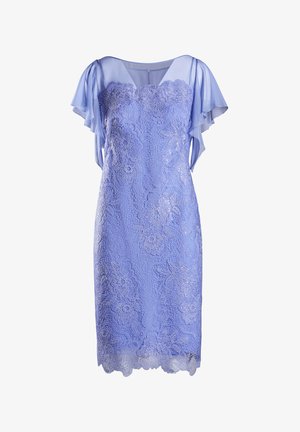 Lila Kleid mit Spitzeneinsatz und floralen Mustern. Durchsichtige Ärmel und gewellter Saum. Glatte Textur im gesamten Kleid.