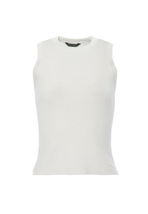 Bezrękawowy biały top w prążki, okrągły dekolt, dopasowany krój, gładka tekstura, mała metka marki na dolnej stronie, minimalistyczny styl.