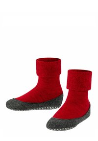 Calze rosse lavorate a maglia con risvolto, suole in feltro grigio e dettagli antiscivolo a pois, che offrono calore e comfort per l'uso indoor.