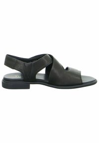 Schwarze Leder-Sandale mit offener Zehen- und Fersenpartie, ausgestattet mit überkreuzten Riemen, einem kleinen runden Ausschnitt und einer flachen Sohle.