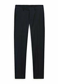 Pantaloni neri su misura con frontale piatto, tasche laterali e chiusura a un bottone. Tessuto liscio con gamba dritta, caratterizzato da una leggera lucentezza.